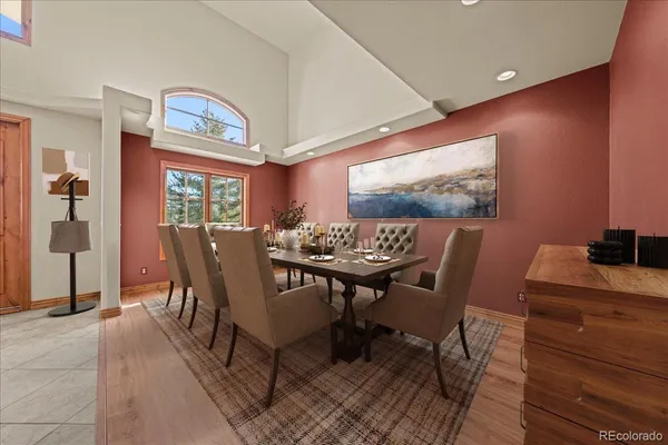 a view of a dining room with furniture