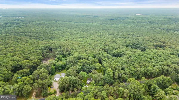 an aerial view of residential houses with outdoor space and trees