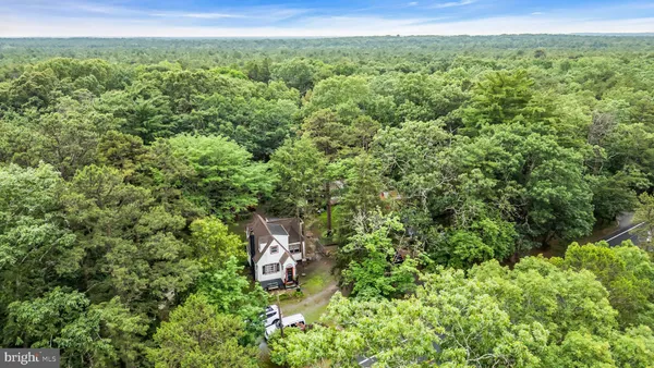 an aerial view of a house with a yard and large trees