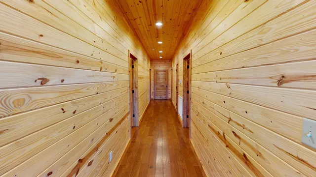 a view of a grassy field with trees in the background