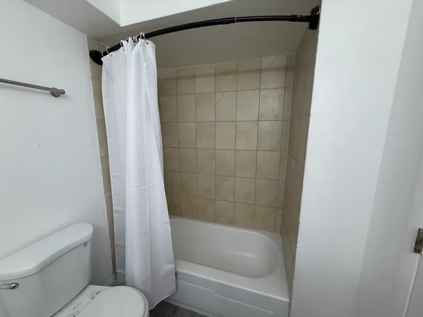 a bathroom with a shower and a toilet
