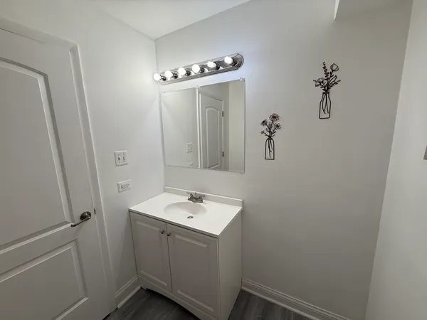 a bathroom with a sink a light fixture and a vanity