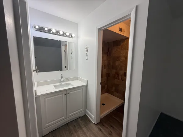 a bathroom with a sink a light fixture and a mirror