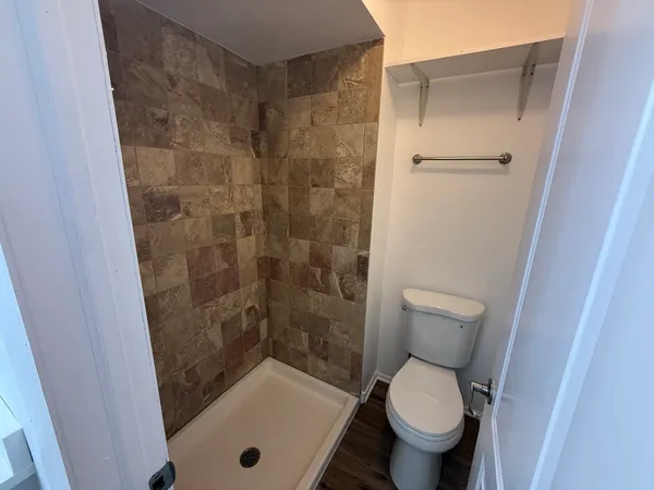 a bathroom with a toilet and a shower