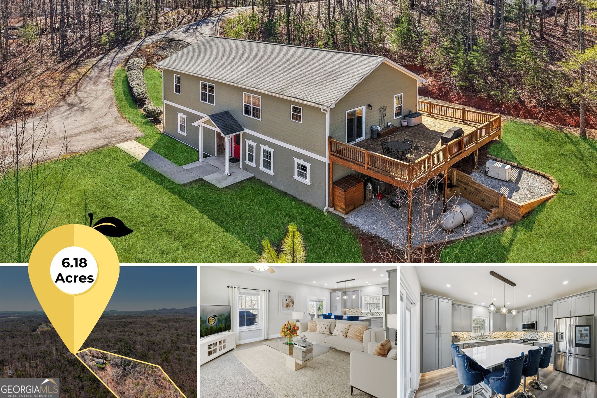 an aerial view of a house with garden space and sitting area