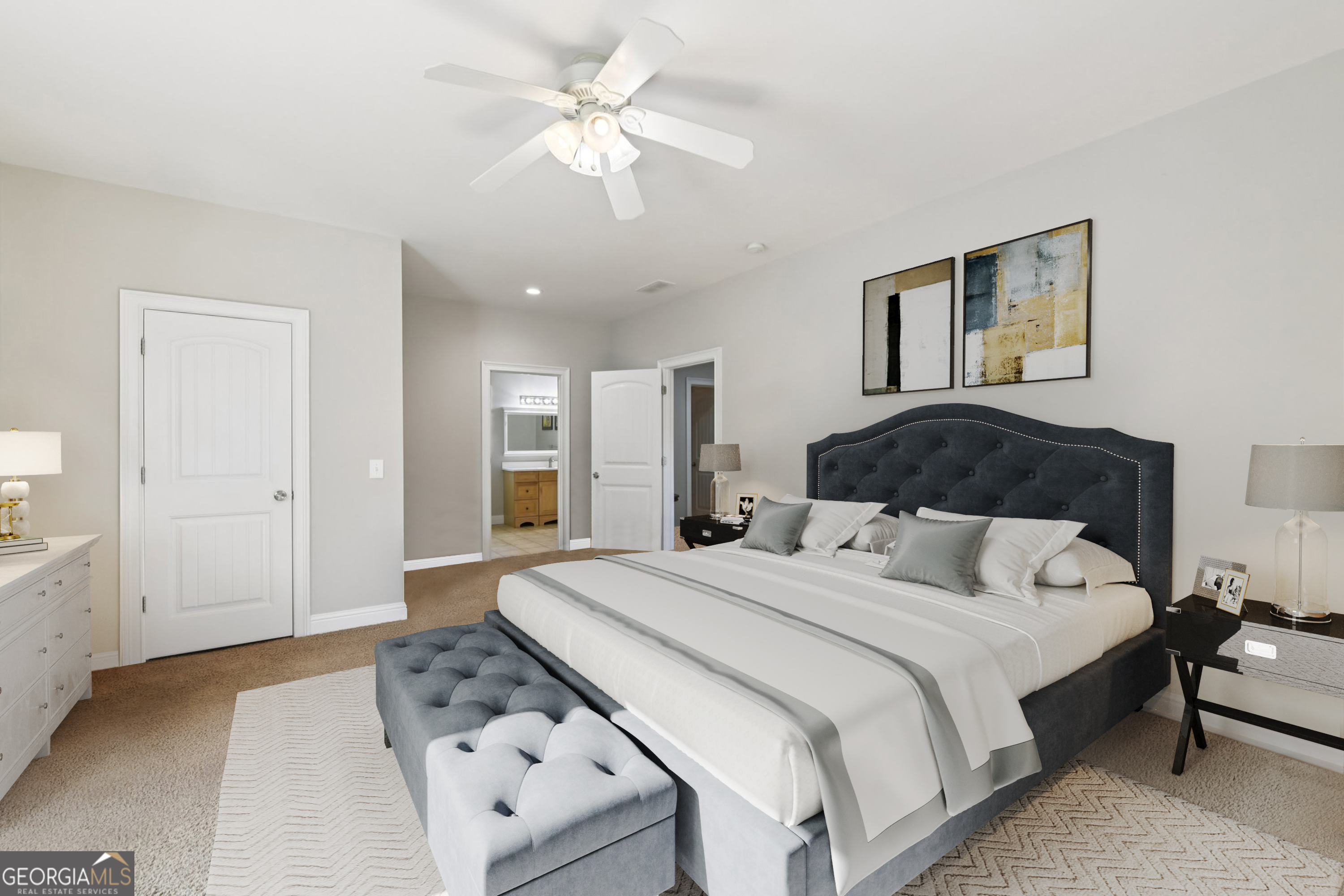 590 Ridge Road Dawsonville, GA 30534 - Photo 21 of 79 a bedroom with a large bed and a chandelier