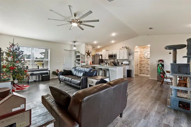a living room with furniture kitchen view and a potted plant