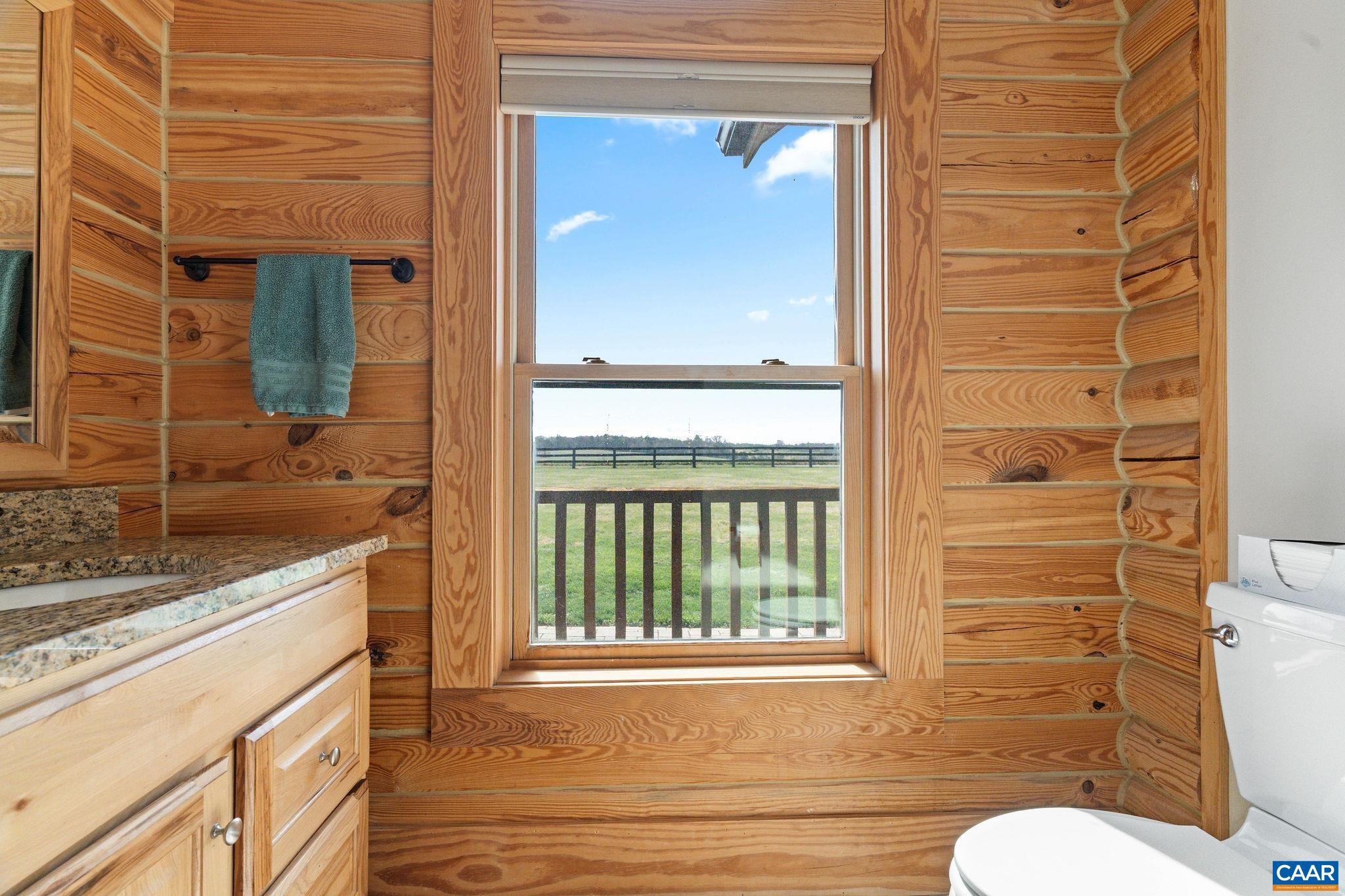 42 River Ridge Lane Stanardsville, VA 22973 - Photo 37 of 70 a bathroom with a granite countertop toilet a mirror and shower
