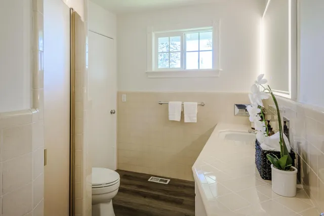 a bathroom with a sink a toilet and a window