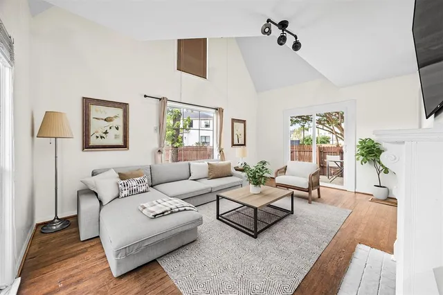a living room with furniture and a potted plant