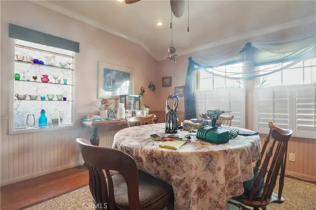 a view of a dining room with furniture