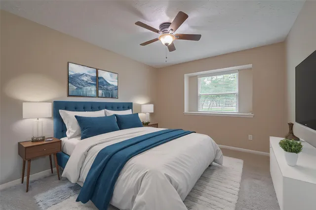 a bedroom with bed tv and window