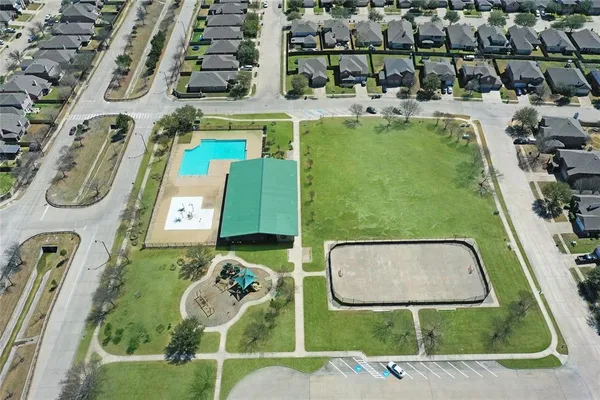 an aerial view of a pool