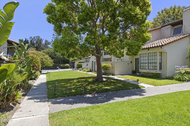 a view of a white house with a yard and large tree