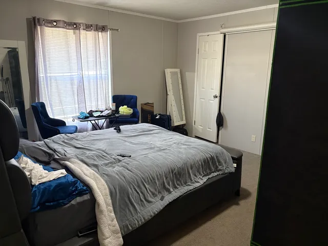 a bedroom with a bed a dresser and a mirror