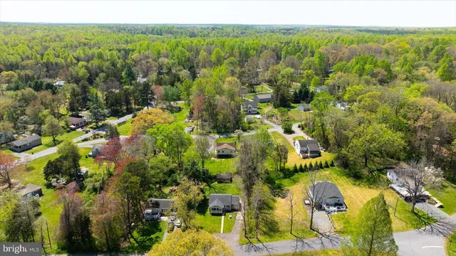 an aerial view of residential houses with outdoor space and trees