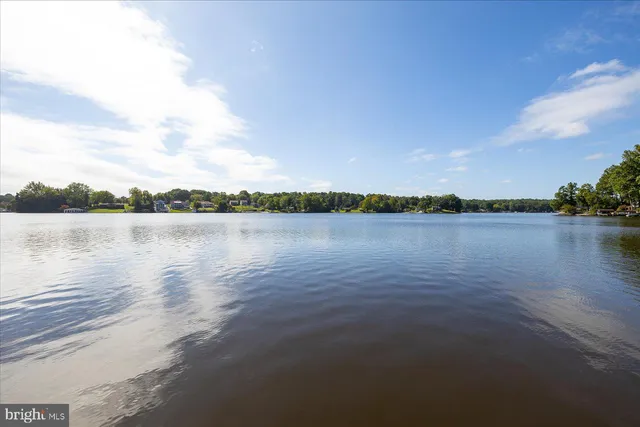 a view of a lake with houses in the back