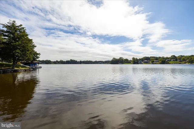 a view of a lake with houses in the back