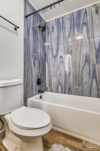 a bathroom with a toilet and a bathtub