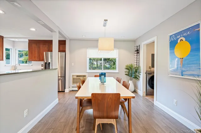 a view of a dining room with furniture a potted plant and wooden floor