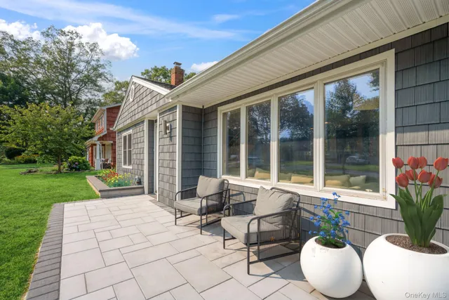 a view of a patio with chairs potted plants and a large tree