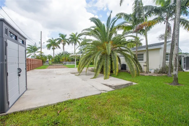 a view of a yard with palm trees