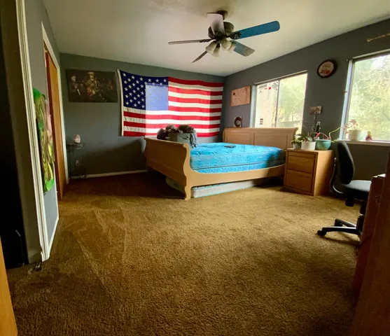 a bedroom with furniture and a potted plant