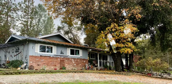 an aerial view of a house with a yard and large trees