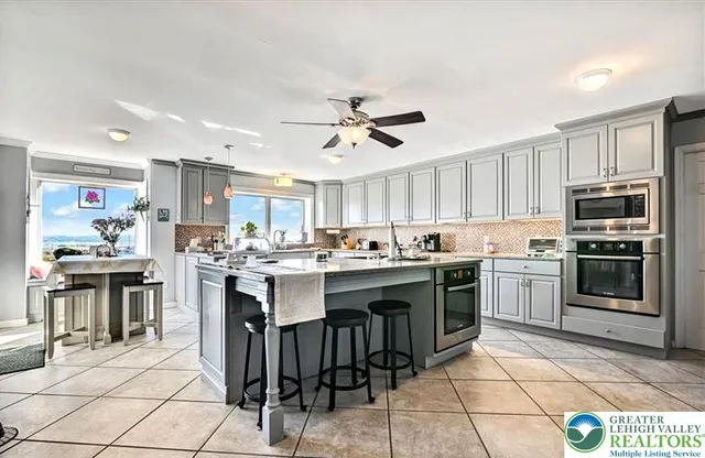 a living room with furniture a rug potted plant and a large window