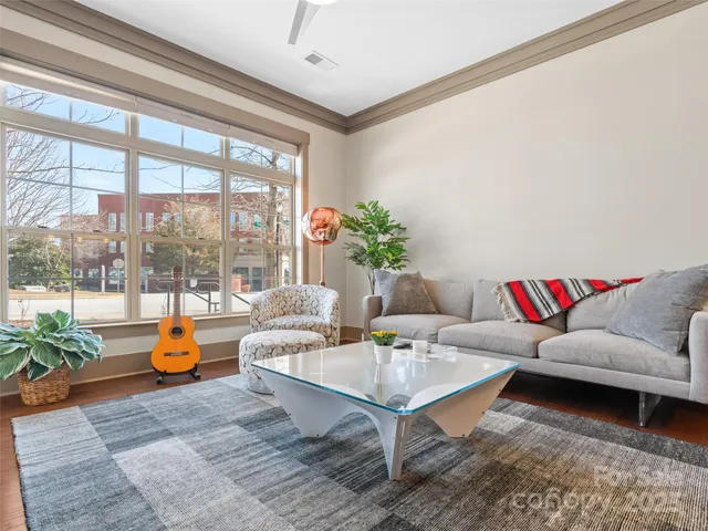 a living room with furniture and a potted plant