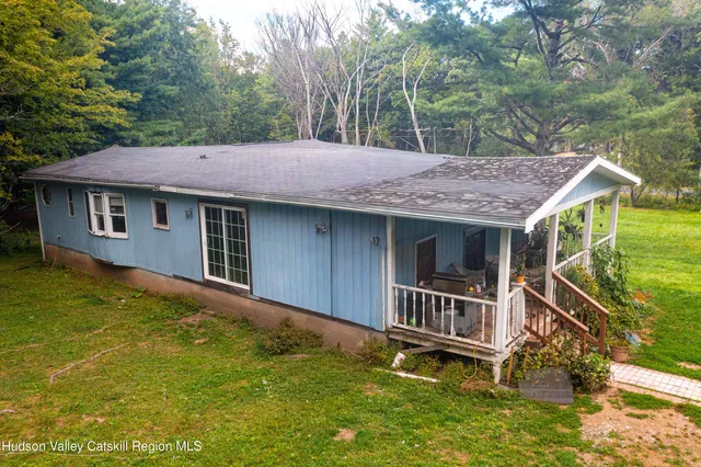 a view of a park with large trees