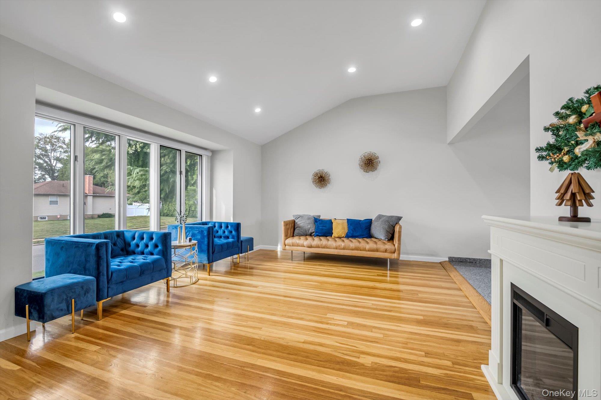 12 Julliard Drive Plainview, NY 11803 - Photo 5 of 23 Living area with lofted ceiling, recessed lighting, a glass covered fireplace, and light wood-style flooring