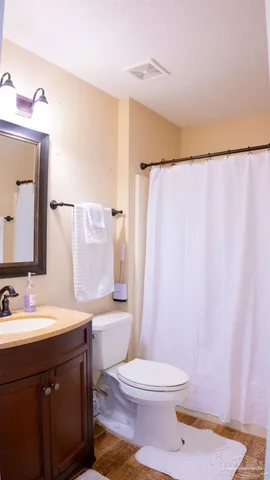 a bathroom with a sink a toilet and shower curtain