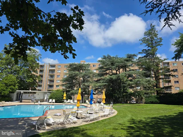 a view of a swimming pool with a yard