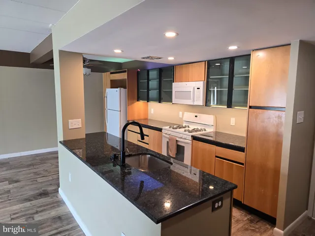 a kitchen with stainless steel appliances granite countertop a sink and a refrigerator