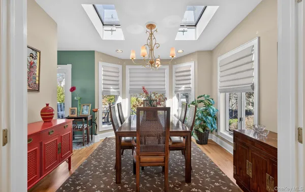 a view of a dining room with furniture window and wooden floor