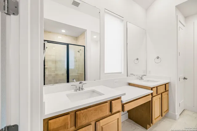 a bathroom with a sink a mirror and a shower