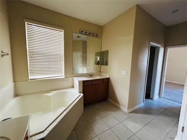 a bathroom with a tub sink and mirror