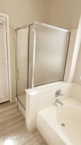 a bathroom with a bathtub and a shower