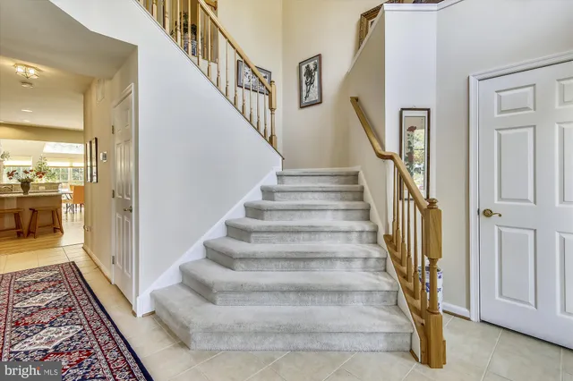 a view of staircase with wooden floor and a rug