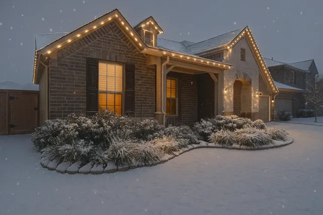 a view of a house with large windows and garage
