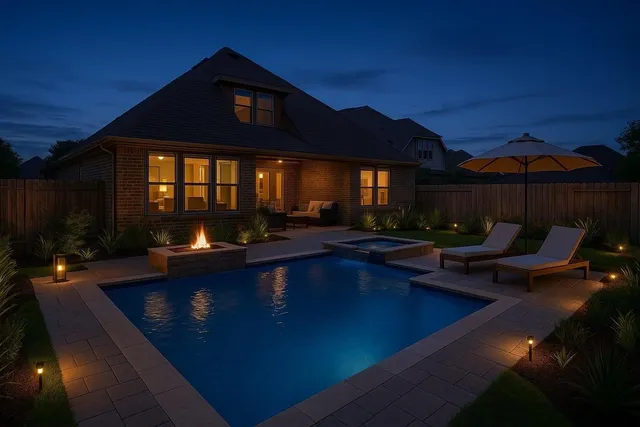 a view of swimming pool with outdoor seating and plants