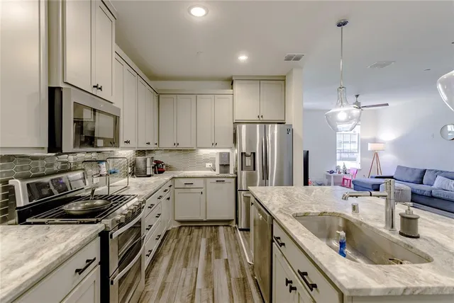 a view of a park with plants and trees