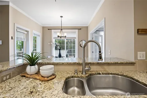 a kitchen with a sink and a potted plant