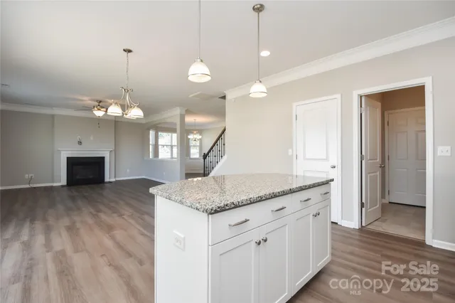 a kitchen with a refrigerator a sink and chandelier