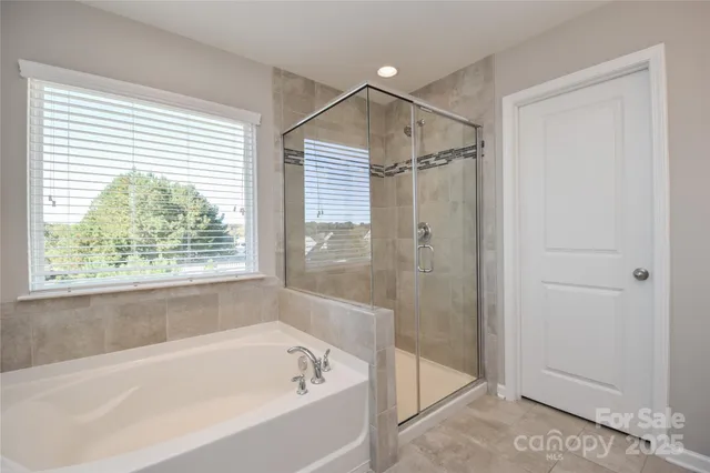 a bathroom with a bathtub and a shower