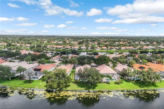 an aerial view of city and lake with trees