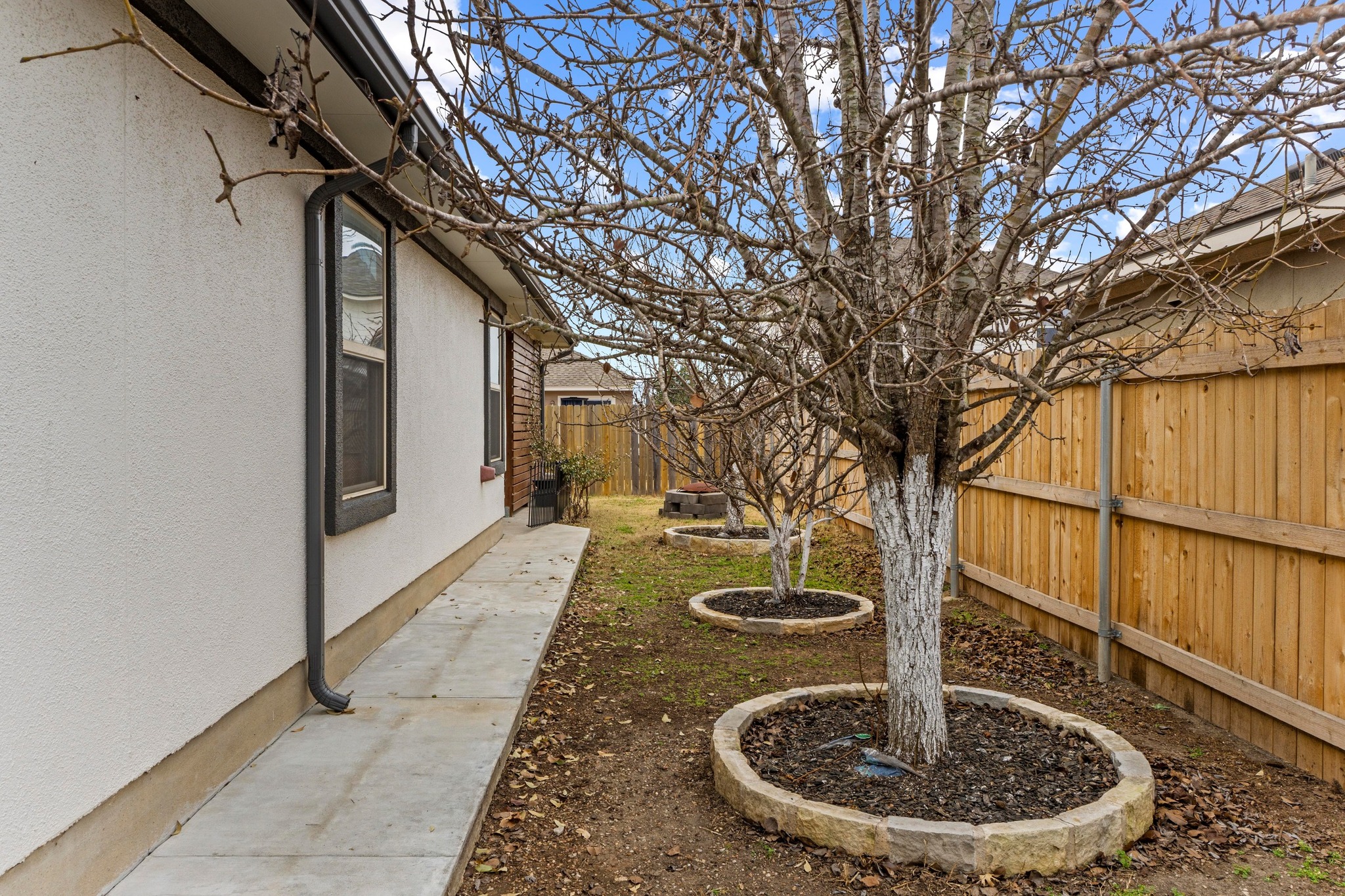 19004 Mangan Way Pflugerville, TX 78660 - Photo 35 of 38 The side yard is thoughtfully designed with three trees set in permanent stone masonry planters. These upgraded exterior features ensure high curb appeal from every angle of the property.