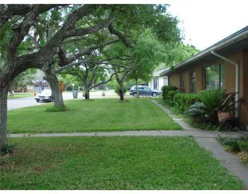 a view of a backyard with large trees