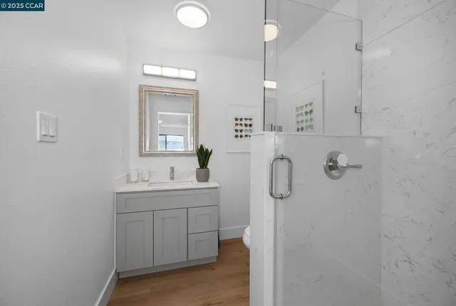 a bathroom with a granite countertop sink a mirror a vanity and a shower